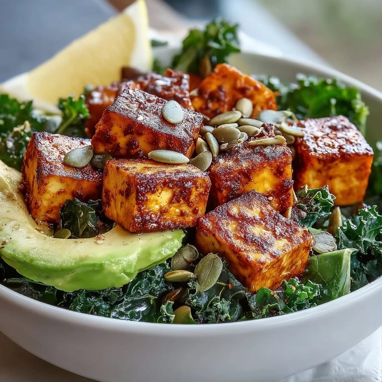 Savory Tofu Breakfast Bowl with Avocado and Kale served warm, featuring golden tofu cubes and avocado slices with a squeeze of lemon on a rustic plate.