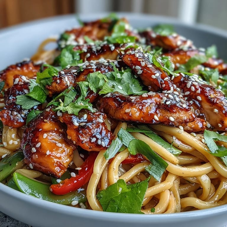 Sticky sauce coats noodles and chicken, served steaming hot in a white bowl.