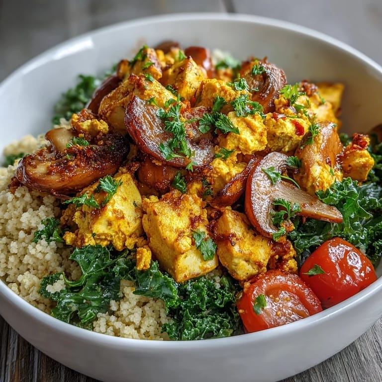 Close-up of a hearty Scrambled Tofu Breakfast Bowl topped with fresh avocado slices, cherry tomatoes, parsley, and a bright lemon wedge.