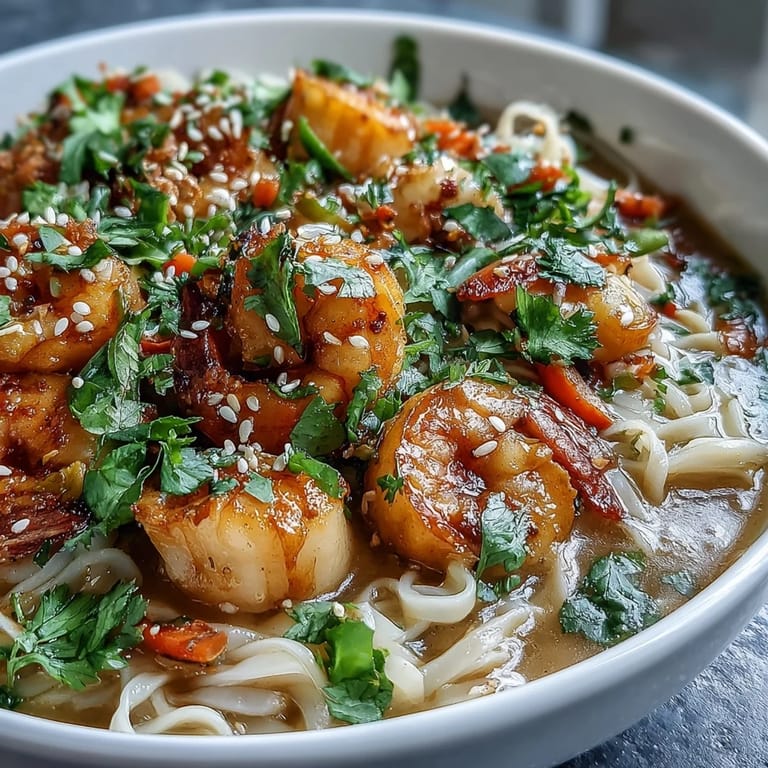 Vibrant Asian Noodle Bowl with Shrimp and Scallops features crisp vegetables and silky noodles in a fragrant, umami-rich broth.