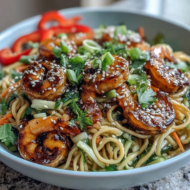 Steaming 15-Minute Asian Noodle Bowl with grilled shrimp, lime wedges, and colorful vegetable toppings for a weeknight dinner.