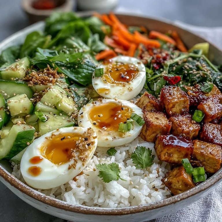 A close-up of Tofu Jammy Egg Breakfast Bowl featuring golden tofu cubes, fresh spinach, and drizzled ginger scallion sauce.