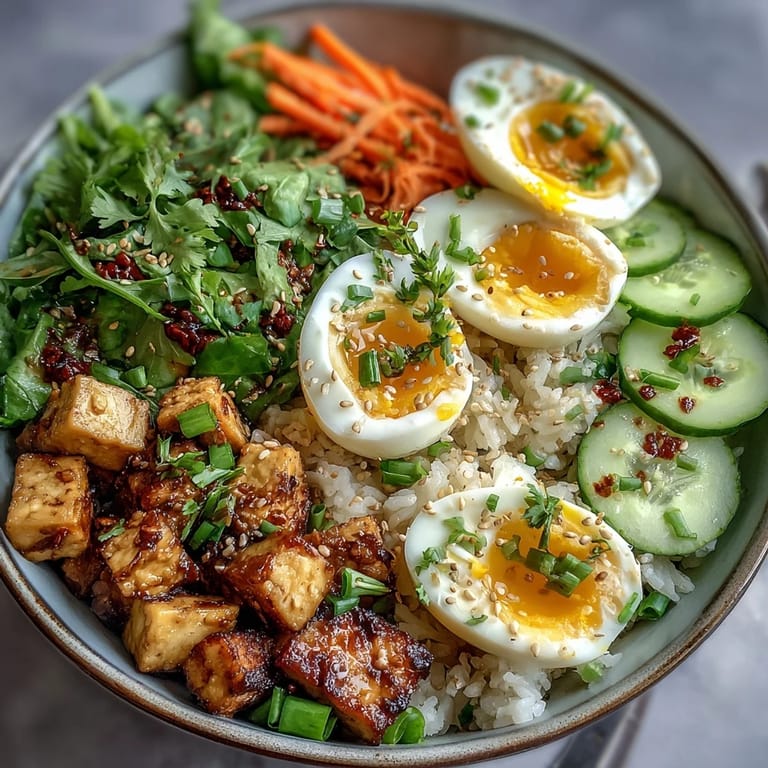 Healthy Tofu Jammy Egg Breakfast Bowl with fluffy rice, julienned carrots, and vibrant microgreens for a nourishing morning meal.