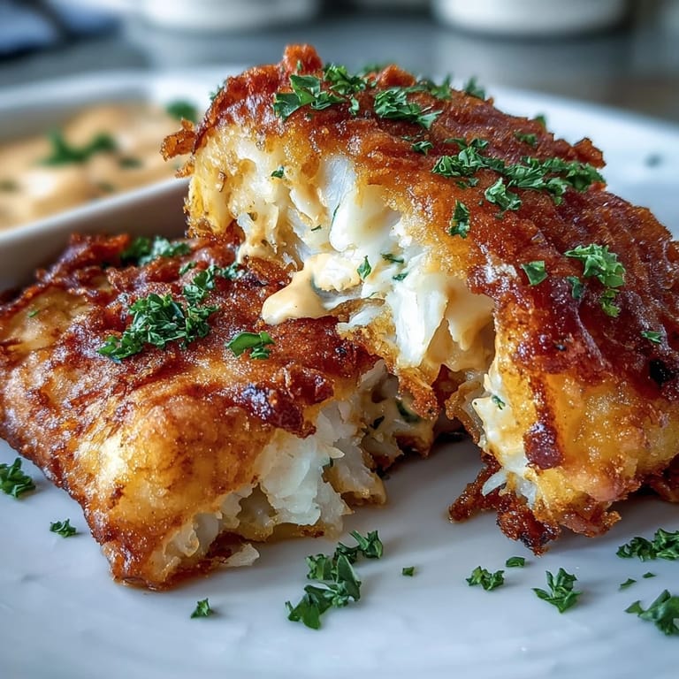 Golden-brown catfish with a crunchy cornmeal coating, paired with zesty homemade remoulade for Southern comfort.  