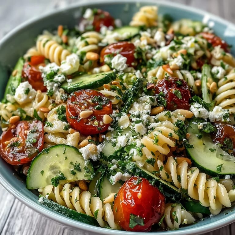 Crisp cucumbers, juicy cherry tomatoes, and al dente pasta tossed in a bright lemon vinaigrette for a refreshing, tangy salad.