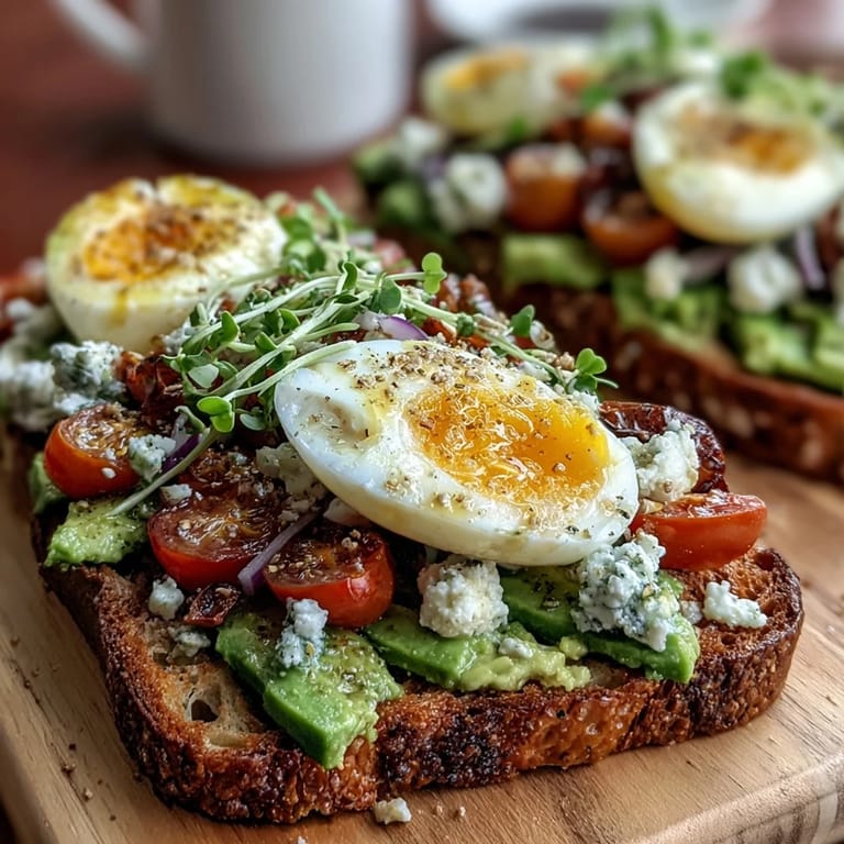 Colorful spring brunch spread featuring avocado toast with cherry tomatoes, radishes, and feta on a rustic serving board.  
