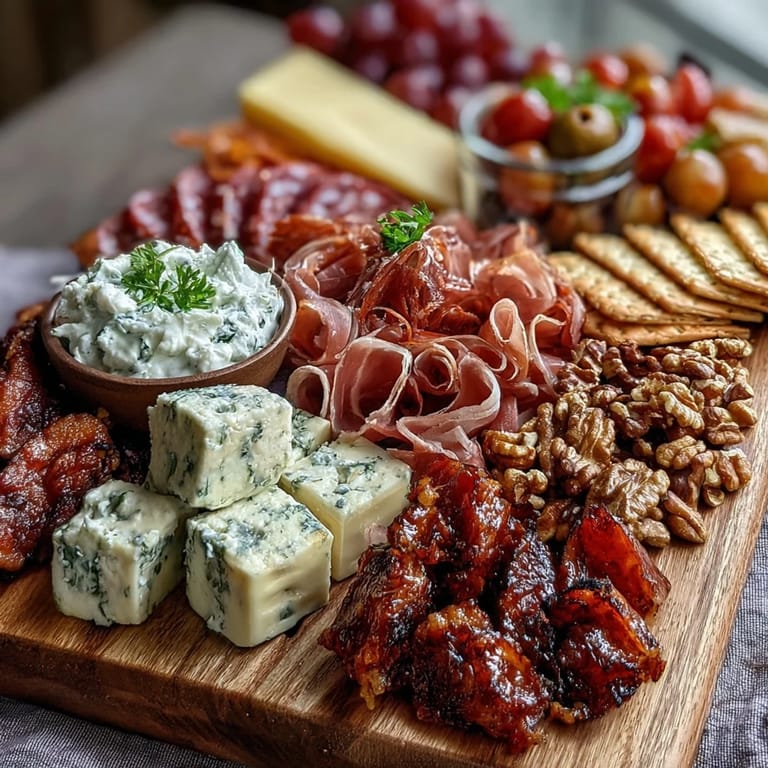 Housewarming Party Charcuterie Board with Dips and Crackers: Beautifully arranged charcuterie board with savory meats, creamy cheeses, crunchy crackers, and colorful vegetables for a welcoming party spread.