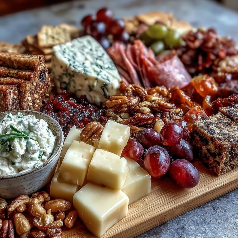 Housewarming Party Charcuterie Board with Dips and Crackers: Elegant charcuterie board featuring assorted cheeses, cured meats, dips, and seasonal fruits, perfect for festive gatherings.