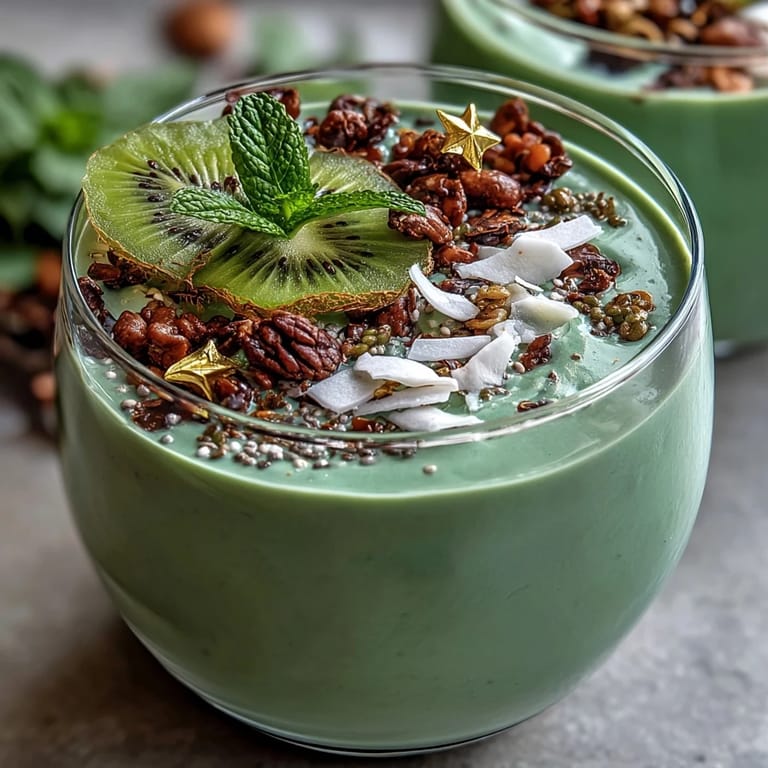 Festive St. Patrick's Day Shamrock Smoothie Bowl featuring a protein-packed green base, edible gold stars, and fresh mint leaves for a celebratory, healthy treat.