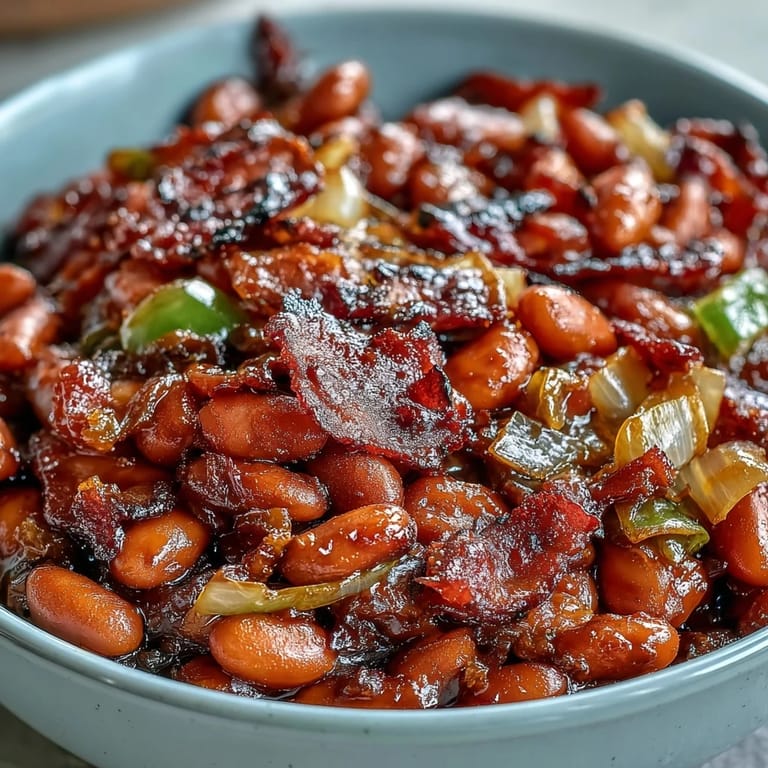 Classic American baked beans with molasses and bacon, served hot as a perfect summer barbecue side dish.