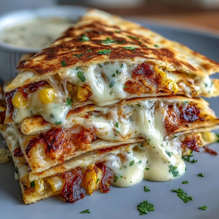 Vibrant Cinco de Mayo Street Corn Quesadillas with Chipotle Crema, topped with smoky chipotle drizzle and fresh cilantro.