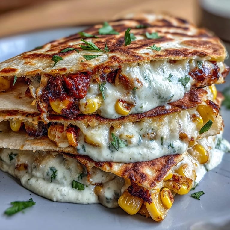 Crispy Cinco de Mayo Street Corn Quesadillas with Chipotle Crema, filled with charred corn, jalapeño, and melty Monterey Jack.