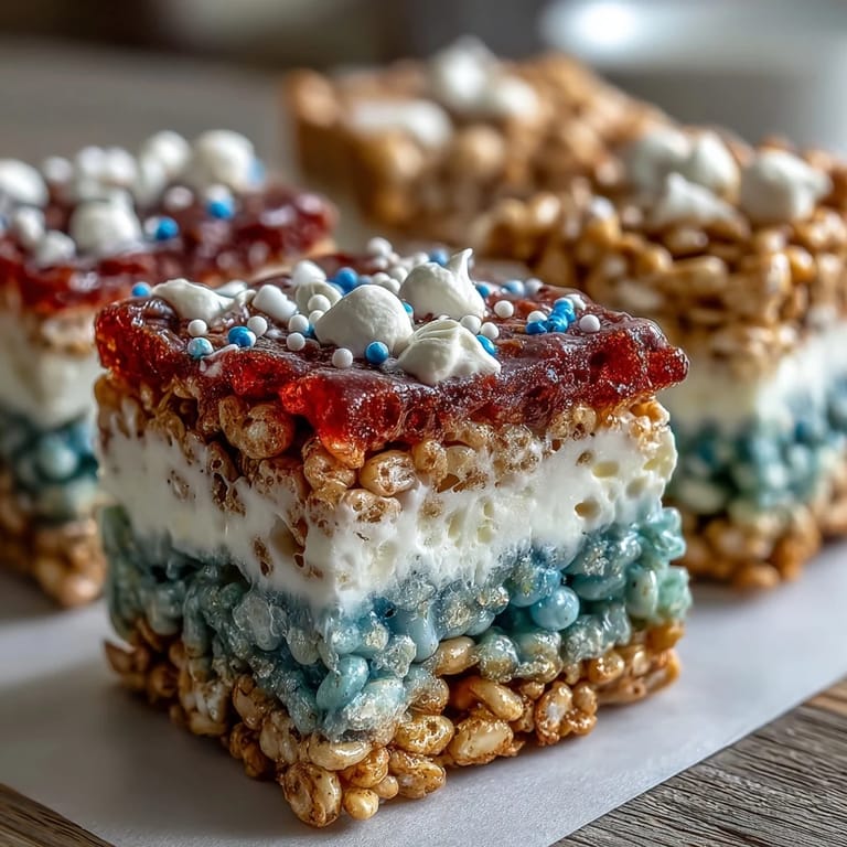 Chewy, layered Rice Krispies treats in red, white, and blue, perfect for a Fourth of July celebration.