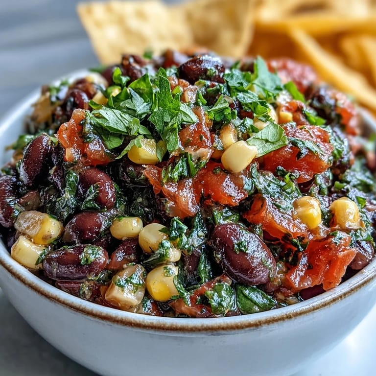 Vibrant Cowboy Caviar Dip with black beans, corn, and pico de gallo, ready to scoop with crunchy tortilla chips at your next gathering.