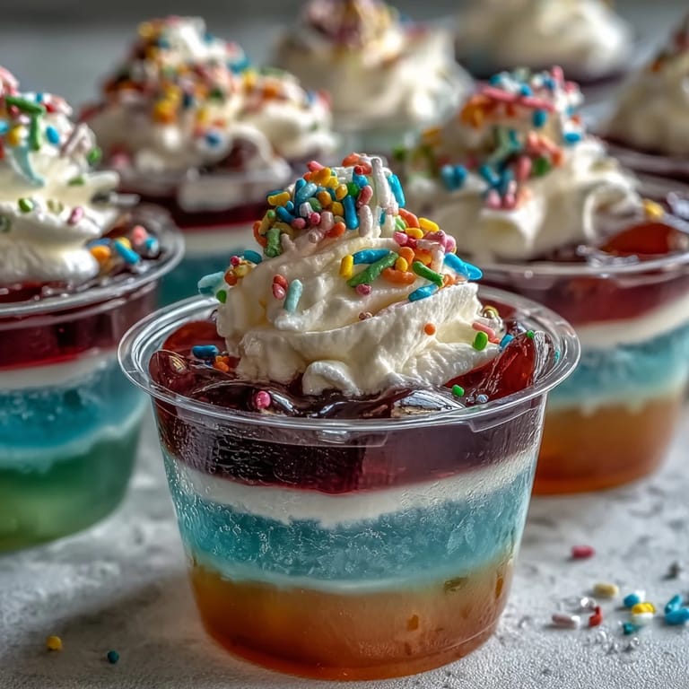 Festive rainbow Jello cups topped with whipped cream and sprinkles, a fun and easy treat for children's celebrations.