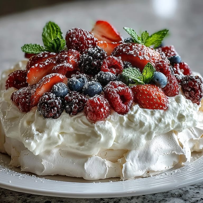 Elegant pavlova dessert with fresh berries and cream, crisp shell giving way to soft center, crowned with luscious cream and ripe seasonal fruit.
