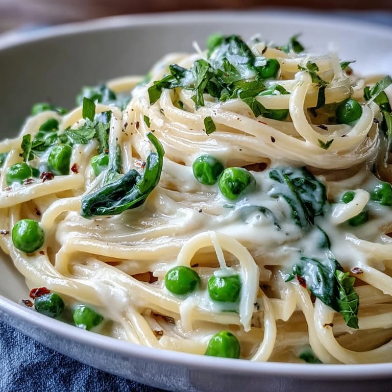 Spring Pasta with Lemon Cream Sauce and Peas, featuring silky cream sauce and fresh green peas in a cozy bowl.