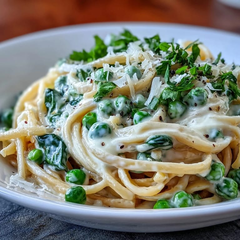 Spring Pasta with Lemon Cream Sauce and Peas, a light and creamy vegetarian pasta with fresh lemon zest and spinach.