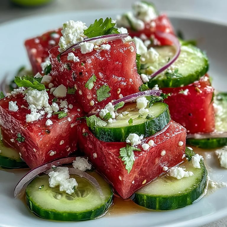 Juicy watermelon cucumber salad with a spicy Tajin lime dressing, a refreshing side dish.