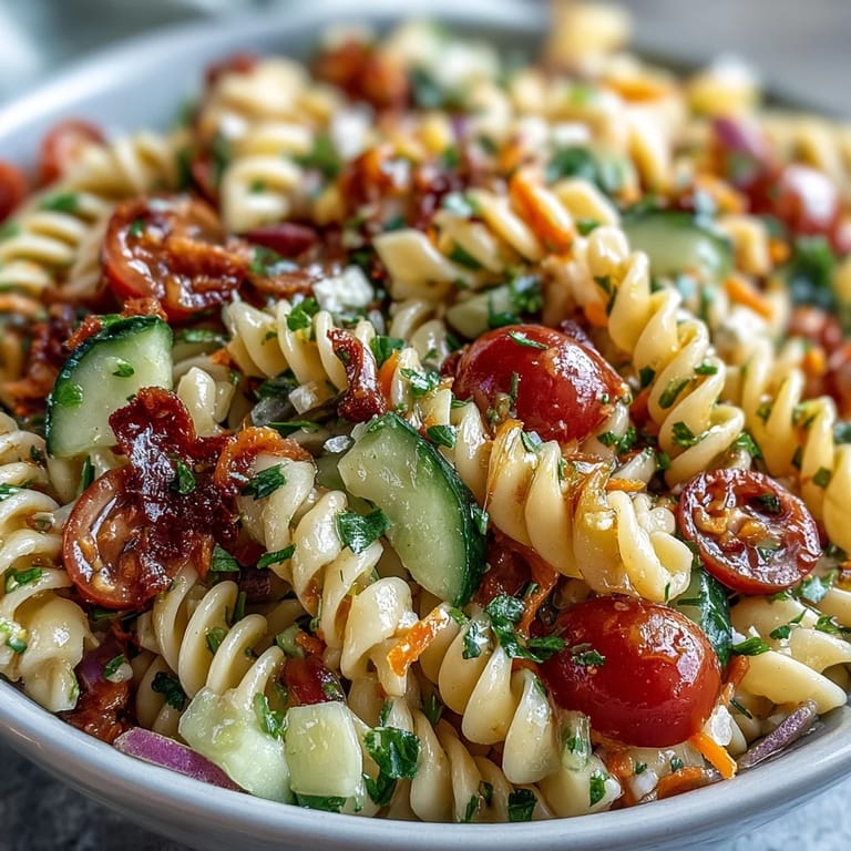 Colorful Memorial Day Pasta Salad, tossed with zesty dressing and garden-fresh ingredients.