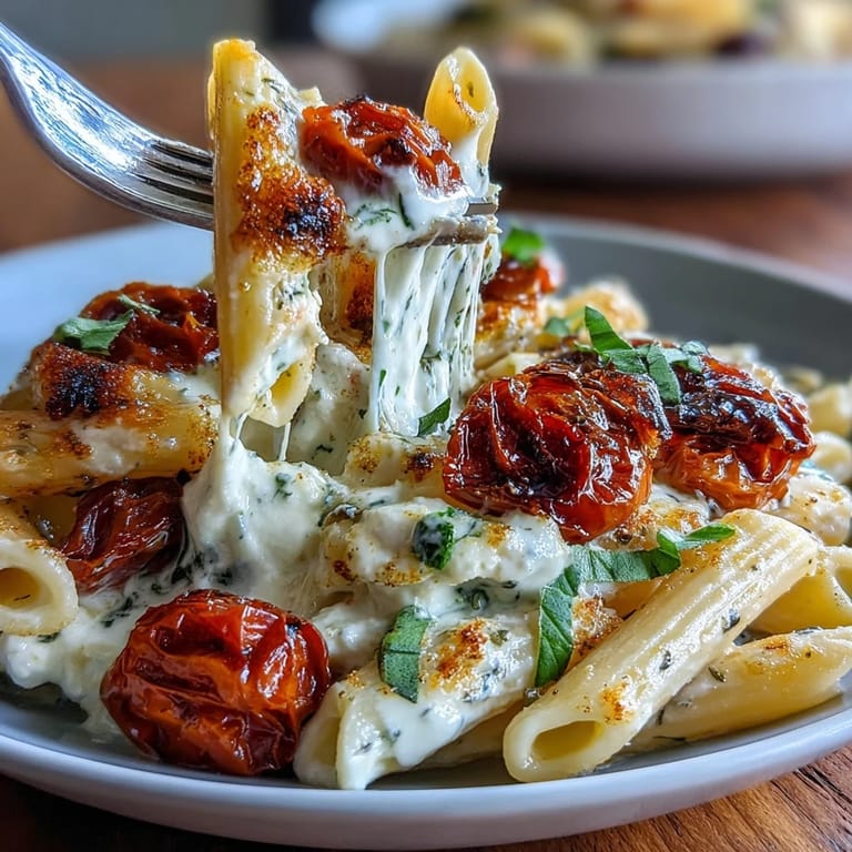 Easy Mediterranean baked feta pasta with tender tomatoes, ready to serve tonight.