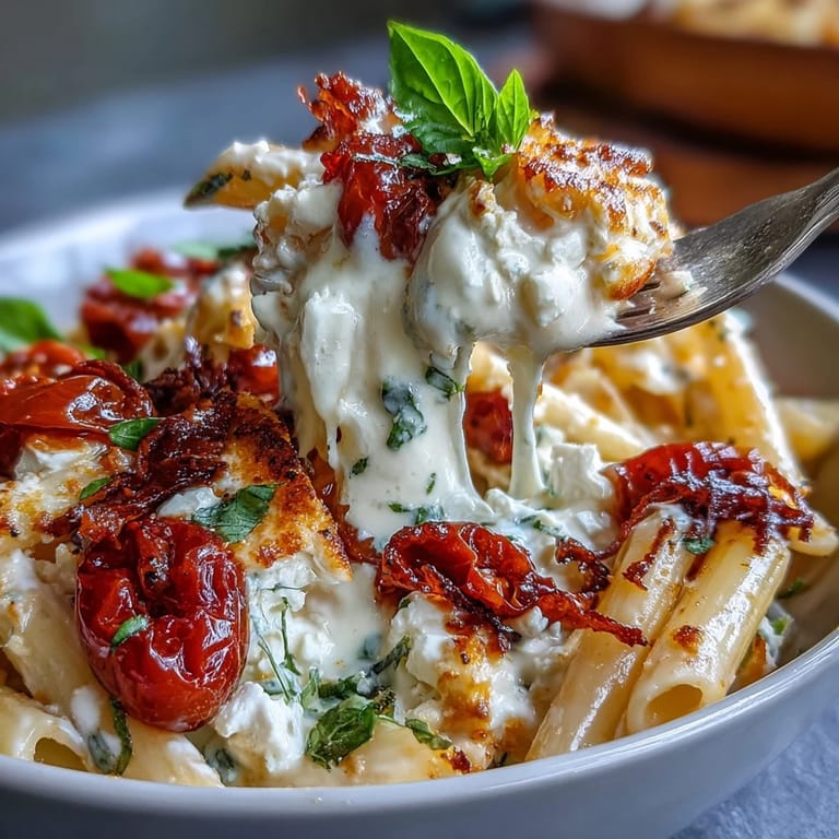 Flavorful baked feta pasta dish, rich with roasted tomatoes and vibrant basil garnish.