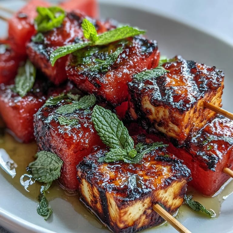 Grilled Halloumi and Watermelon Skewers with Mint, golden cheese and juicy fruit.