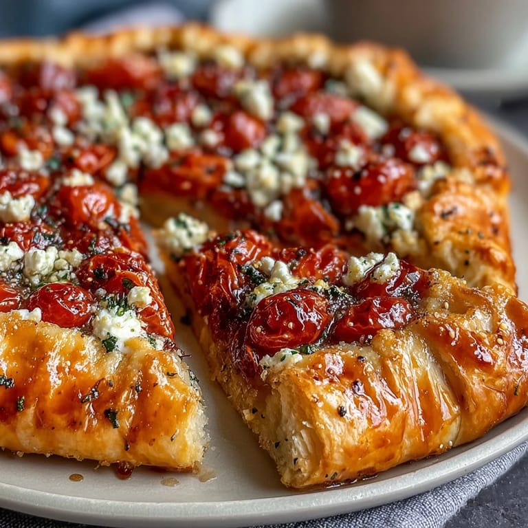 Rustic, savory galette with beautiful, sweet roasted tomatoes and creamy feta.