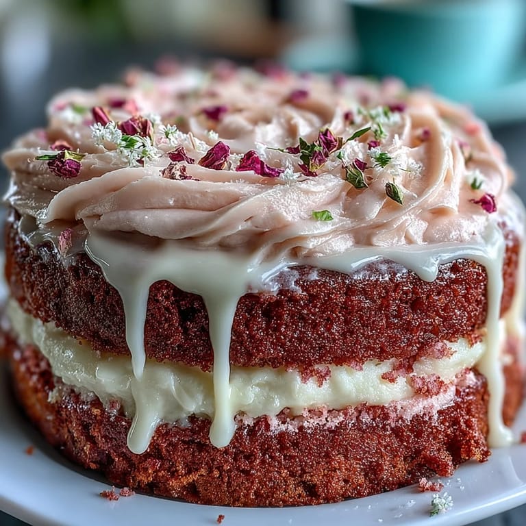 This Bridal Shower Rosé Velvet Cake features delicate rosé frosting and a luxurious liquid gold cascade.