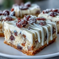 Warm, golden Cranberry Bliss Bars with orange cream cheese frosting, white chocolate drizzle, and cranberry garnish on a rustic wooden board. 