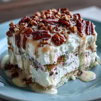 A plated slice of Butter Pecan Tres Leches Cake with creamy whipped topping and glossy buttery pecans, served on a rustic table.