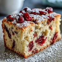 A slice of Cranberry Orange Breakfast Cake is lifted from the pan, revealing a moist, tender crumb studded with vibrant orange zest and tart cranberries.