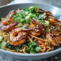 Vibrant 15-Minute Asian Noodle Bowl with grilled shrimp, fresh veggies, and sesame sauce served on a plate.