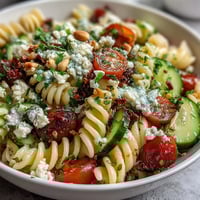 Fresh lemon vinaigrette pasta salad with cucumbers and cherry tomatoes, a vibrant summer side dish bursting with zesty flavor.