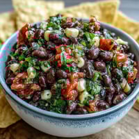 Cowboy Caviar Dip with black beans, corn, and pico de gallo, served in a rustic bowl with crispy tortilla chips on the side.