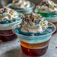 Vibrant rainbow Jello cups with colorful fruity layers, perfect for kids' parties and family gatherings.