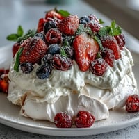 A beautiful pavlova with fresh berries and cream, golden meringue base topped with fluffy whipped cream and vibrant red and blue berries.