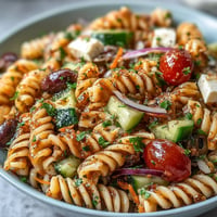 Vibrant Memorial Day Pasta Salad with Italian Dressing, loaded with fresh veggies.