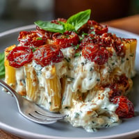 Creamy baked feta pasta with burst cherry tomatoes, fresh basil, and garlic.