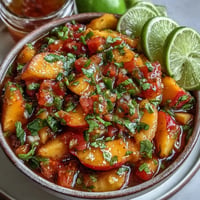 Vibrant peach jalapeño salsa, a sweet and spicy topping for grilled fish.